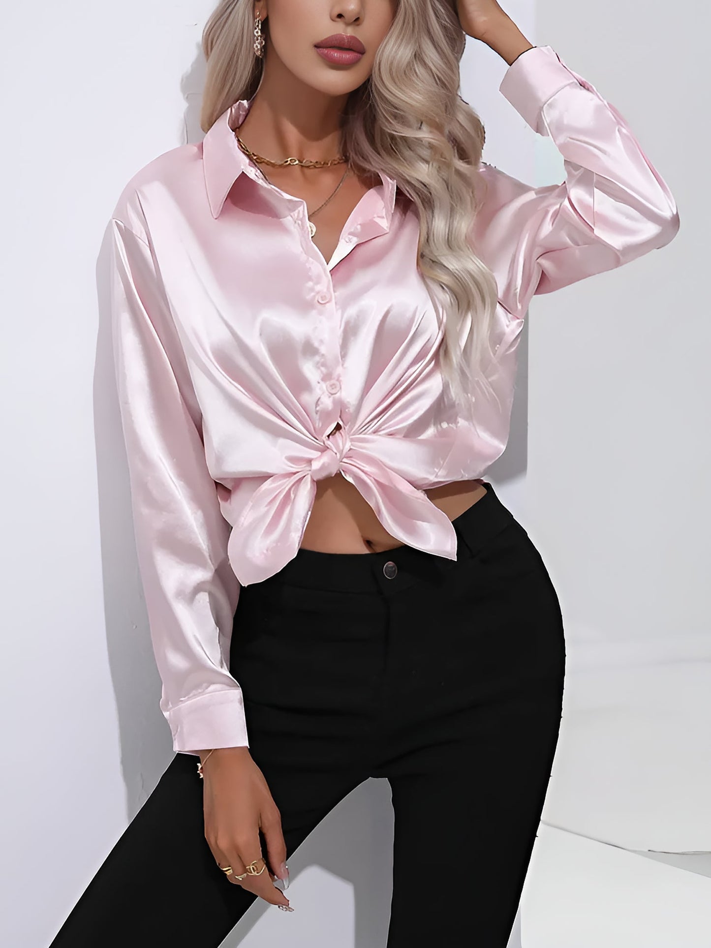 Versatile Collared Satin Solid Color Button Front Lapel Adjustable Cuffs Shirt