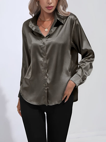 Versatile Collared Satin Solid Color Button Front Lapel Adjustable Cuffs Shirt