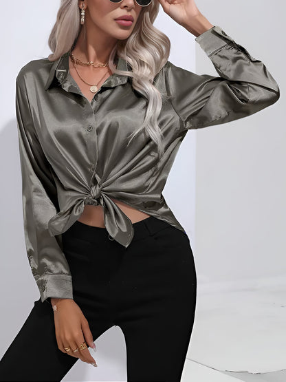 Versatile Collared Satin Solid Color Button Front Lapel Adjustable Cuffs Shirt