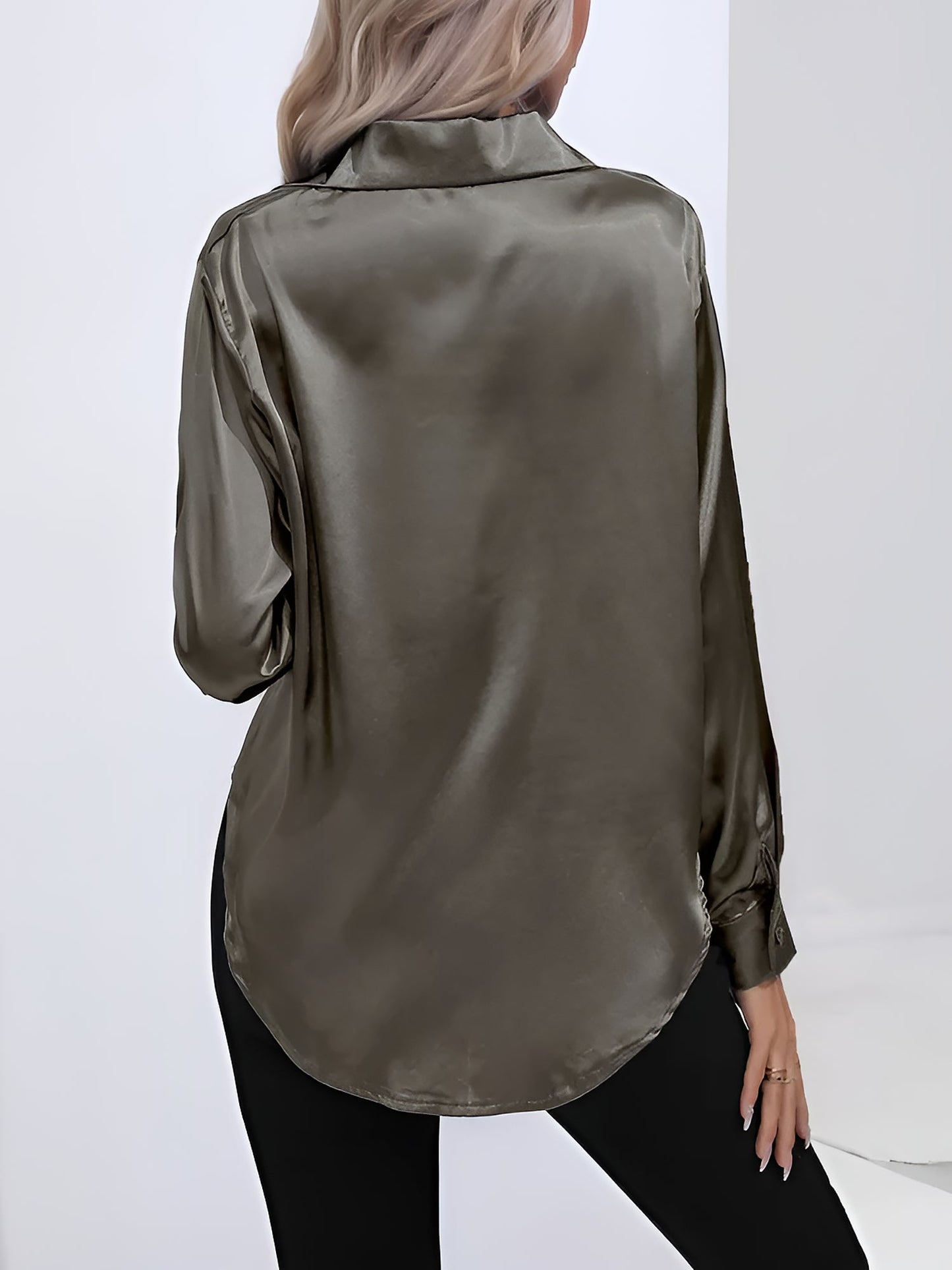 Versatile Collared Satin Solid Color Button Front Lapel Adjustable Cuffs Shirt