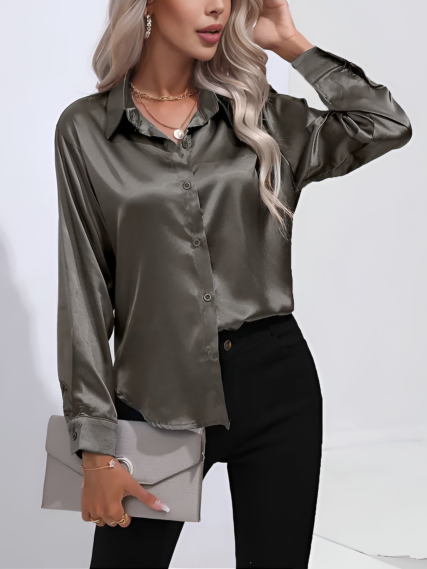 Versatile Collared Satin Solid Color Button Front Lapel Adjustable Cuffs Shirt