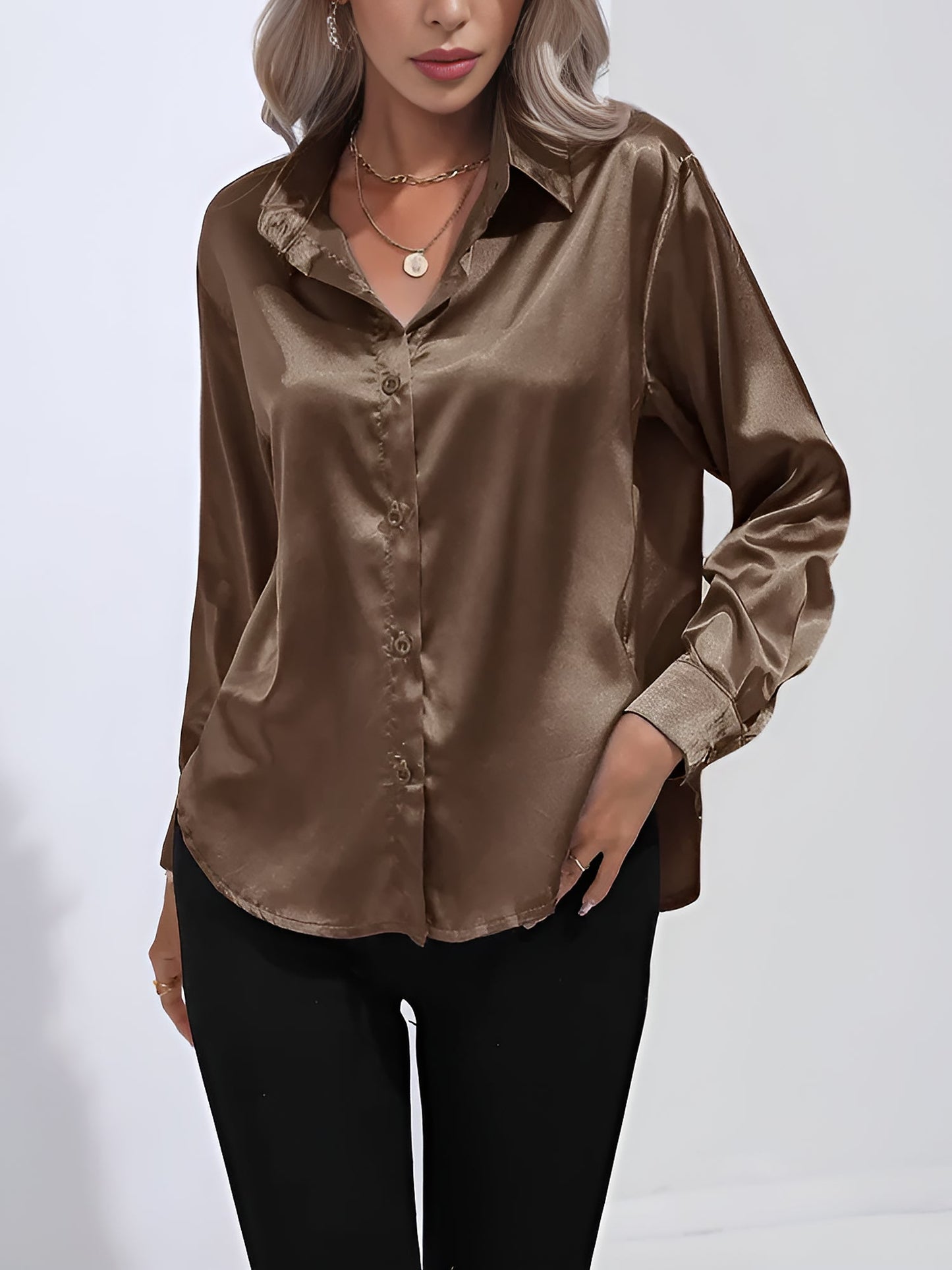Versatile Collared Satin Solid Color Button Front Lapel Adjustable Cuffs Shirt