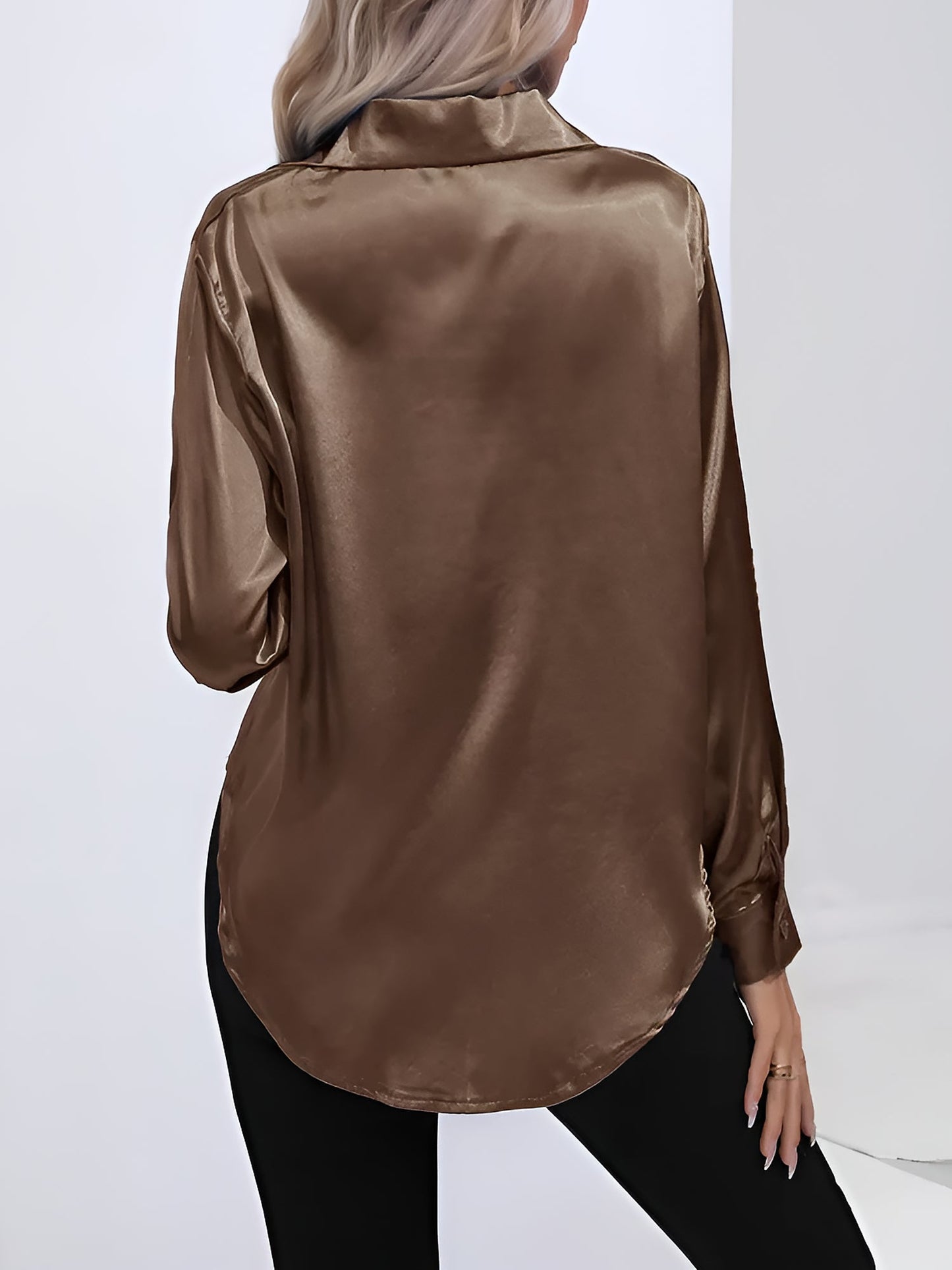 Versatile Collared Satin Solid Color Button Front Lapel Adjustable Cuffs Shirt