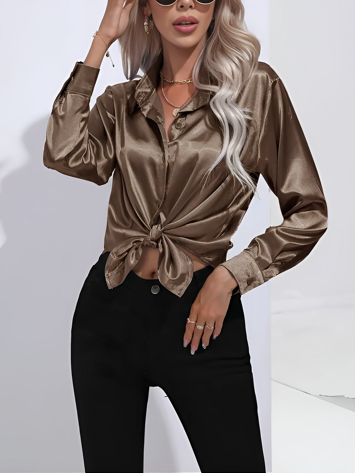 Versatile Collared Satin Solid Color Button Front Lapel Adjustable Cuffs Shirt