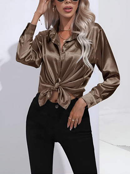 Versatile Collared Satin Solid Color Button Front Lapel Adjustable Cuffs Shirt