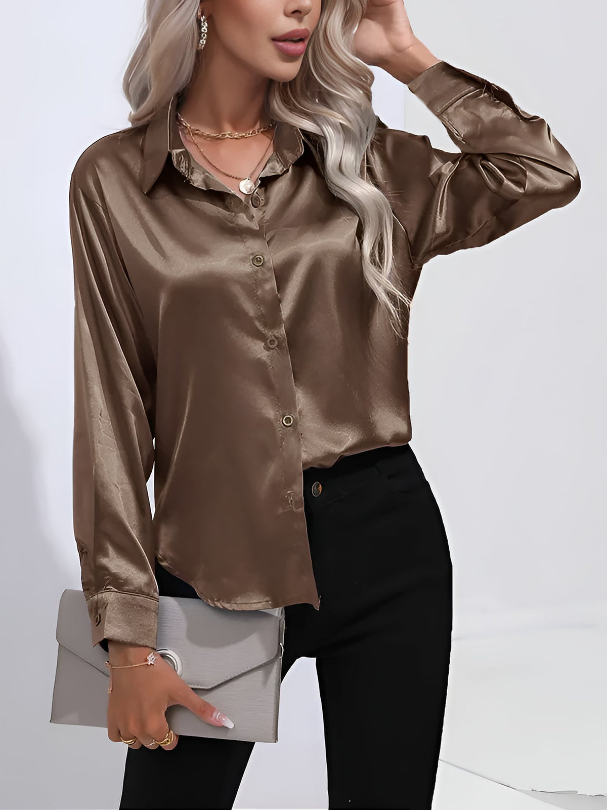 Versatile Collared Satin Solid Color Button Front Lapel Adjustable Cuffs Shirt