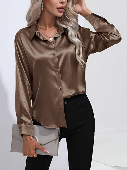 Versatile Collared Satin Solid Color Button Front Lapel Adjustable Cuffs Shirt