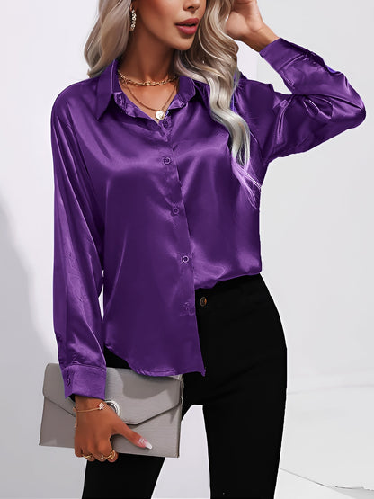 Versatile Collared Satin Solid Color Button Front Lapel Adjustable Cuffs Shirt