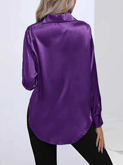 Versatile Collared Satin Solid Color Button Front Lapel Adjustable Cuffs Shirt