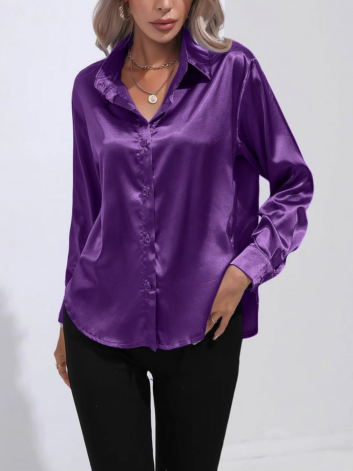 Versatile Collared Satin Solid Color Button Front Lapel Adjustable Cuffs Shirt
