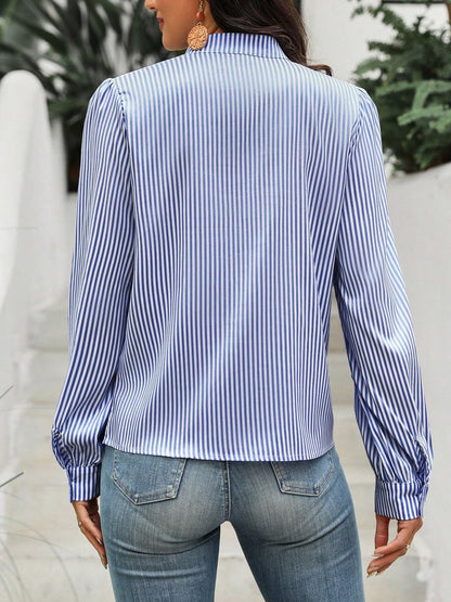 Striped Lace-Up Puff Long Sleeves Casual Blouse