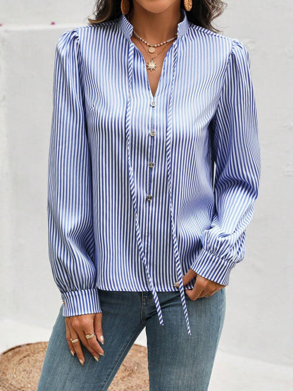 Striped Lace-Up Puff Long Sleeves Casual Blouse