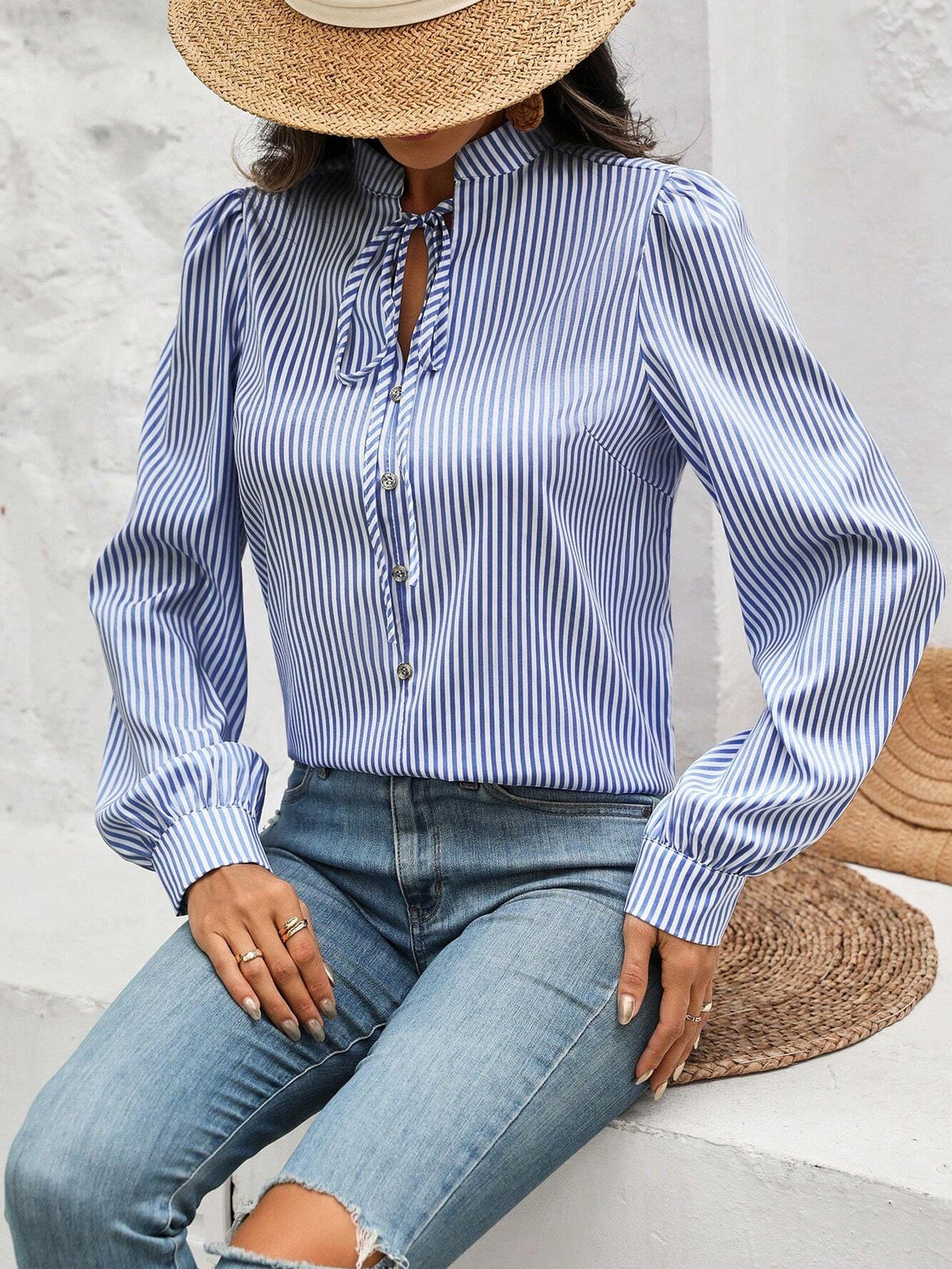 Striped Lace-Up Puff Long Sleeves Casual Blouse