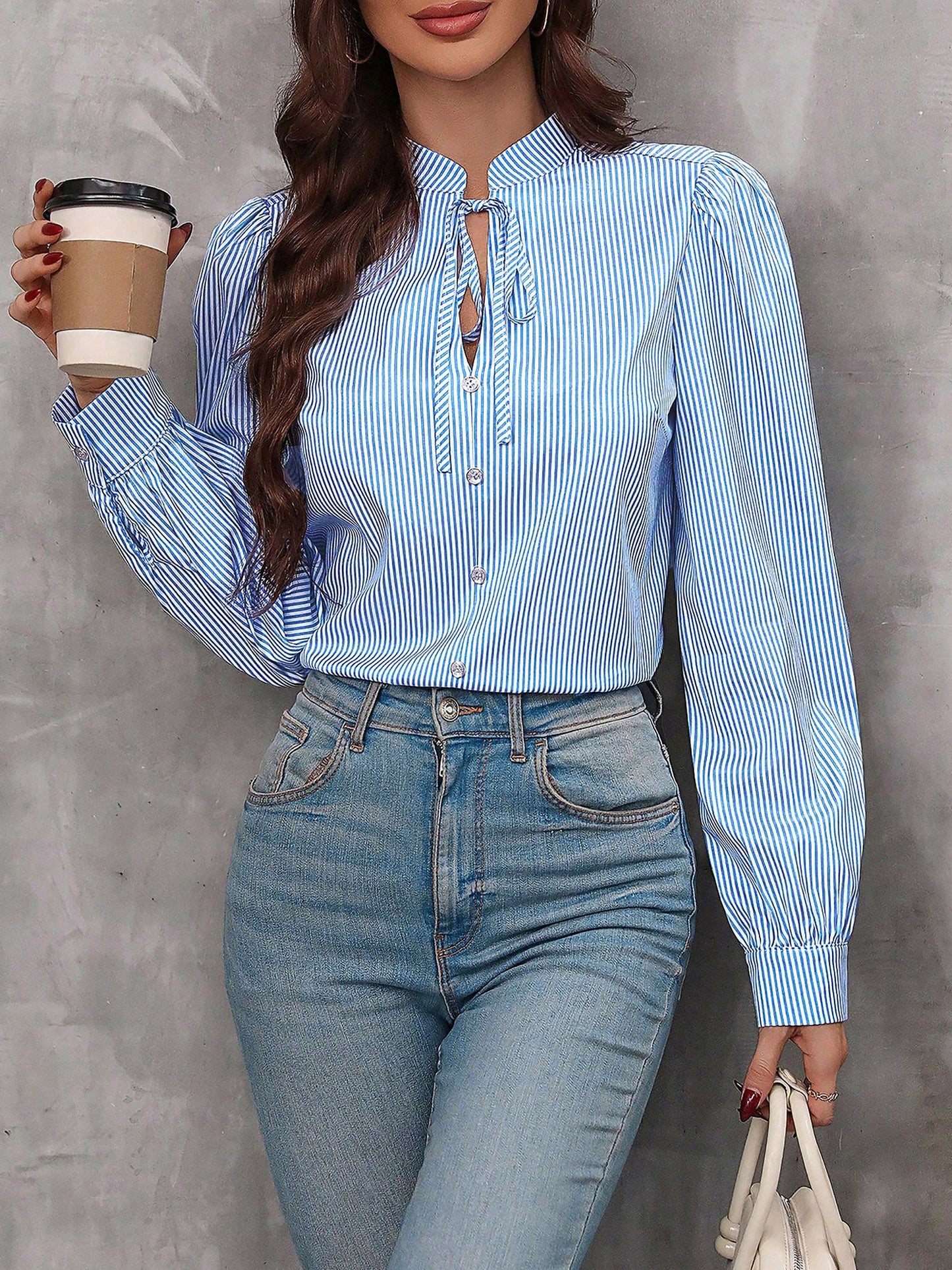 Striped Lace-Up Puff Long Sleeves Casual Blouse