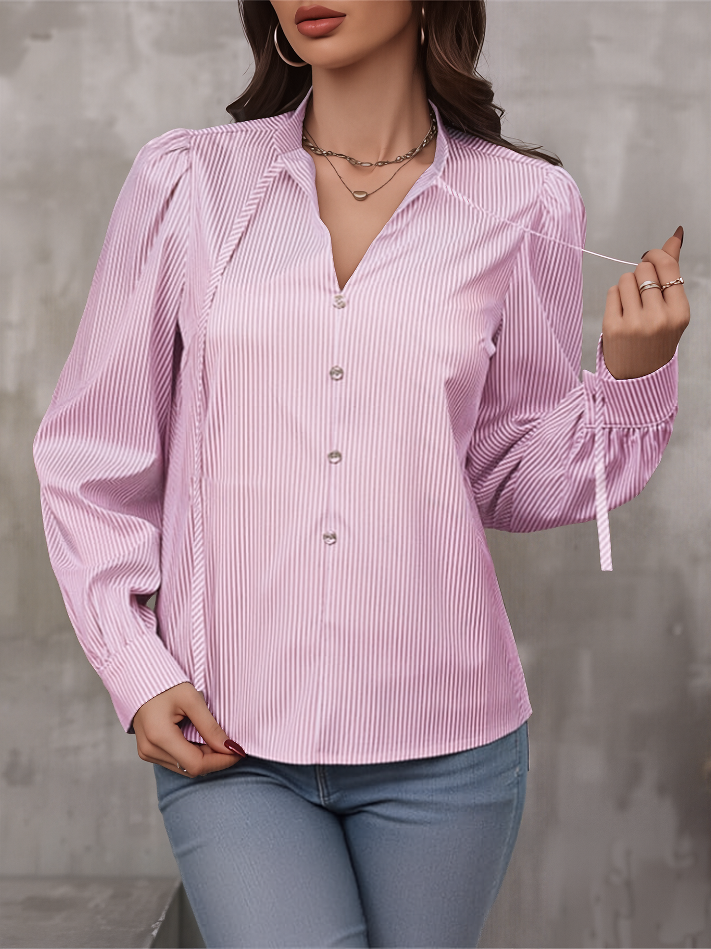Striped Lace-Up Puff Long Sleeves Casual Blouse