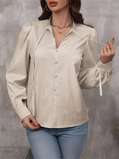 Striped Lace-Up Puff Long Sleeves Casual Blouse