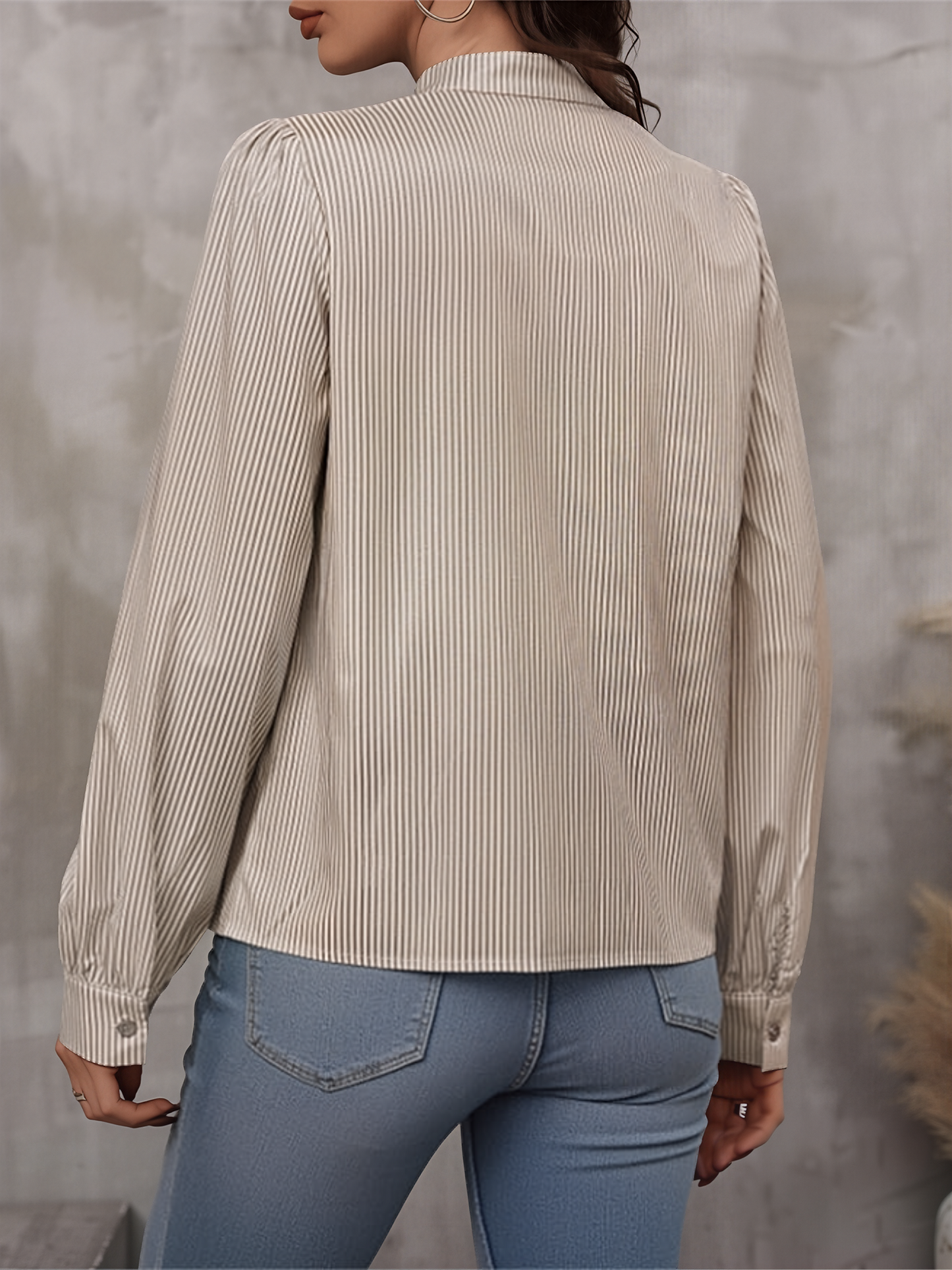 Striped Lace-Up Puff Long Sleeves Casual Blouse