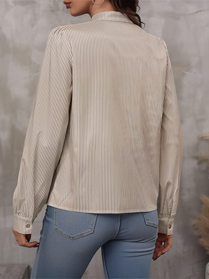 Striped Lace-Up Puff Long Sleeves Casual Blouse
