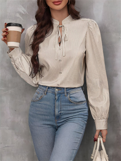 Striped Lace-Up Puff Long Sleeves Casual Blouse