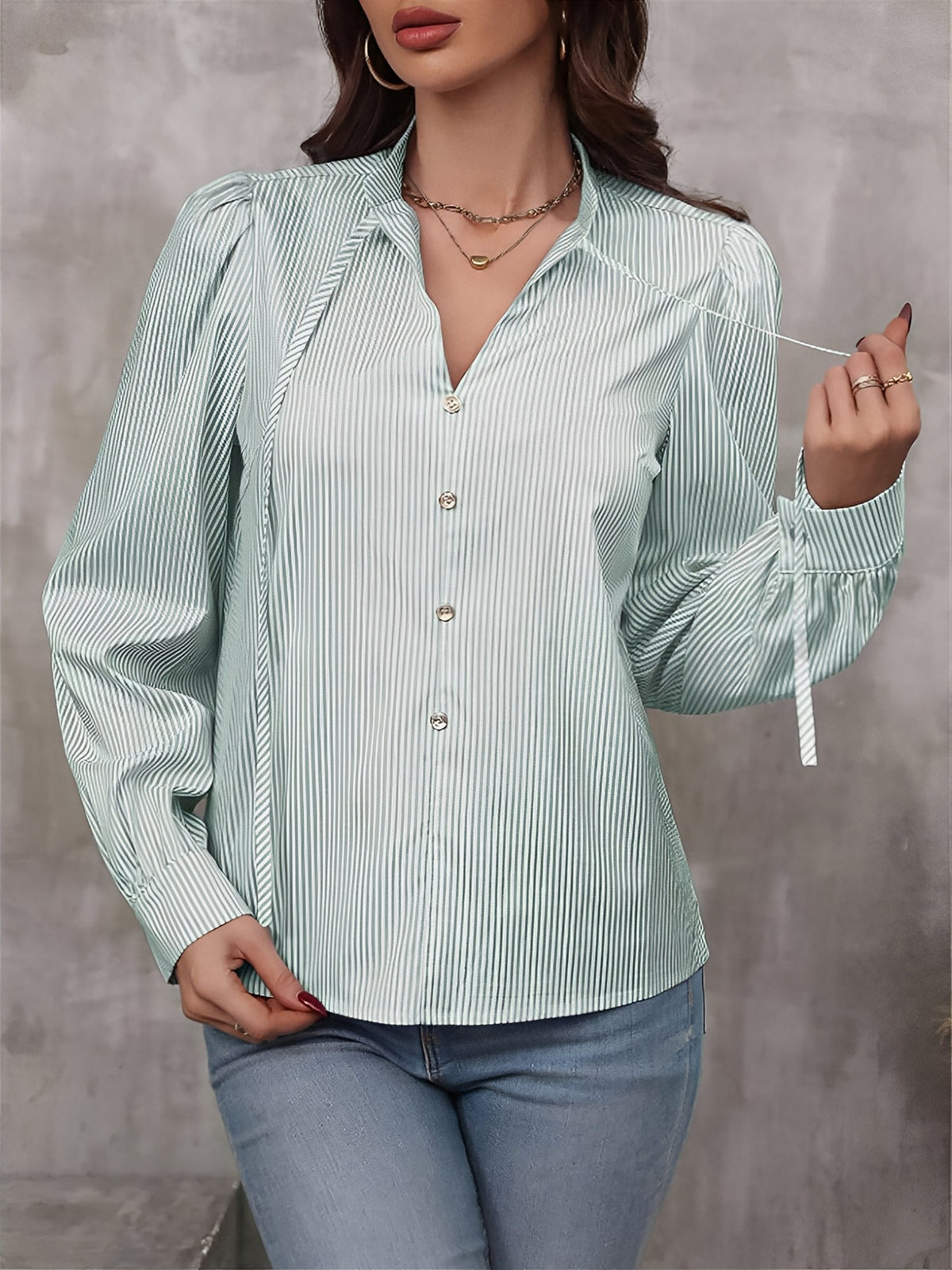 Striped Lace-Up Puff Long Sleeves Casual Blouse