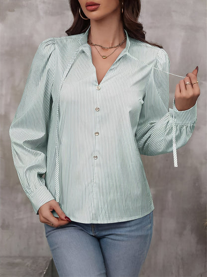 Striped Lace-Up Puff Long Sleeves Casual Blouse