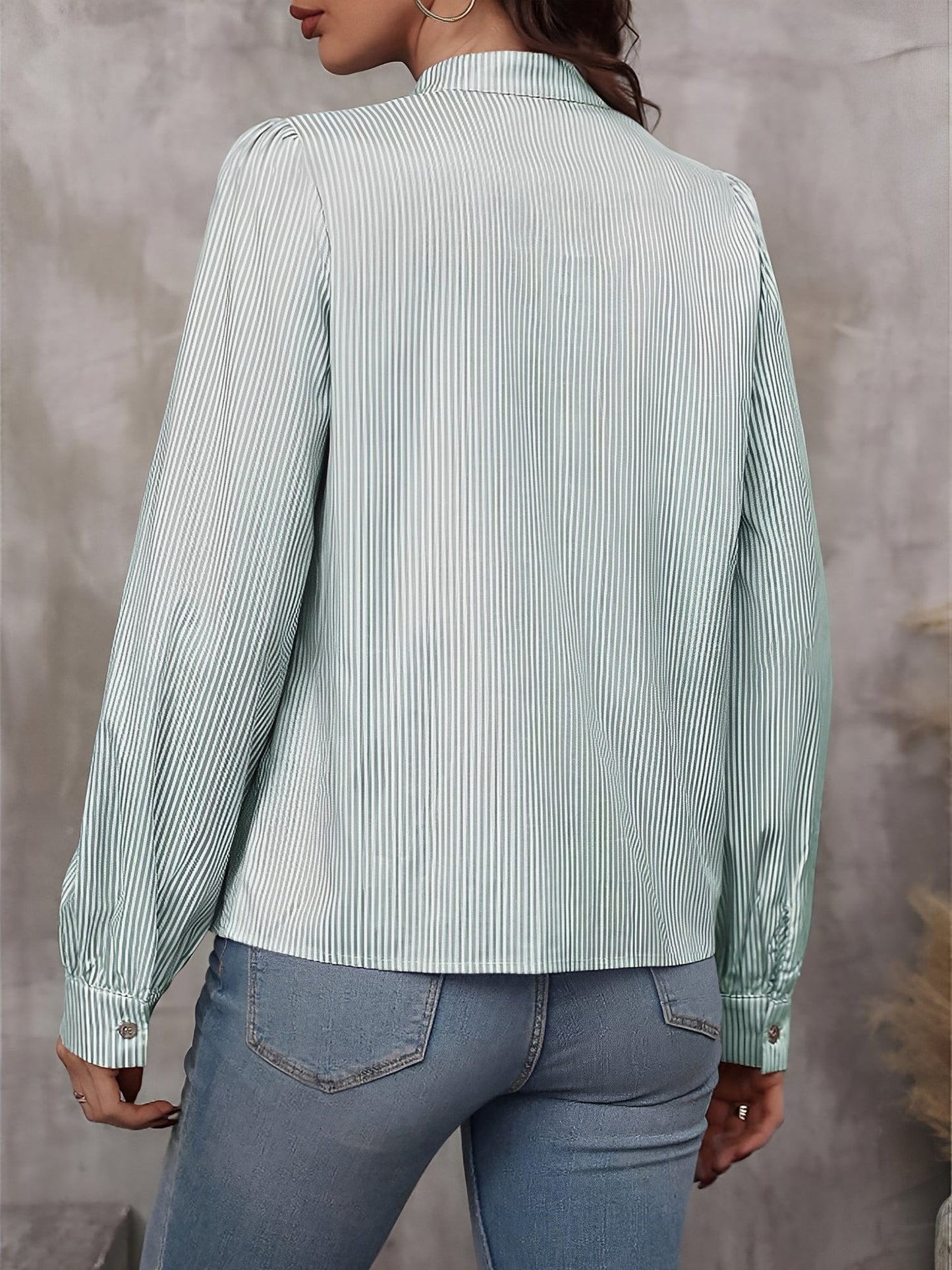 Striped Lace-Up Puff Long Sleeves Casual Blouse