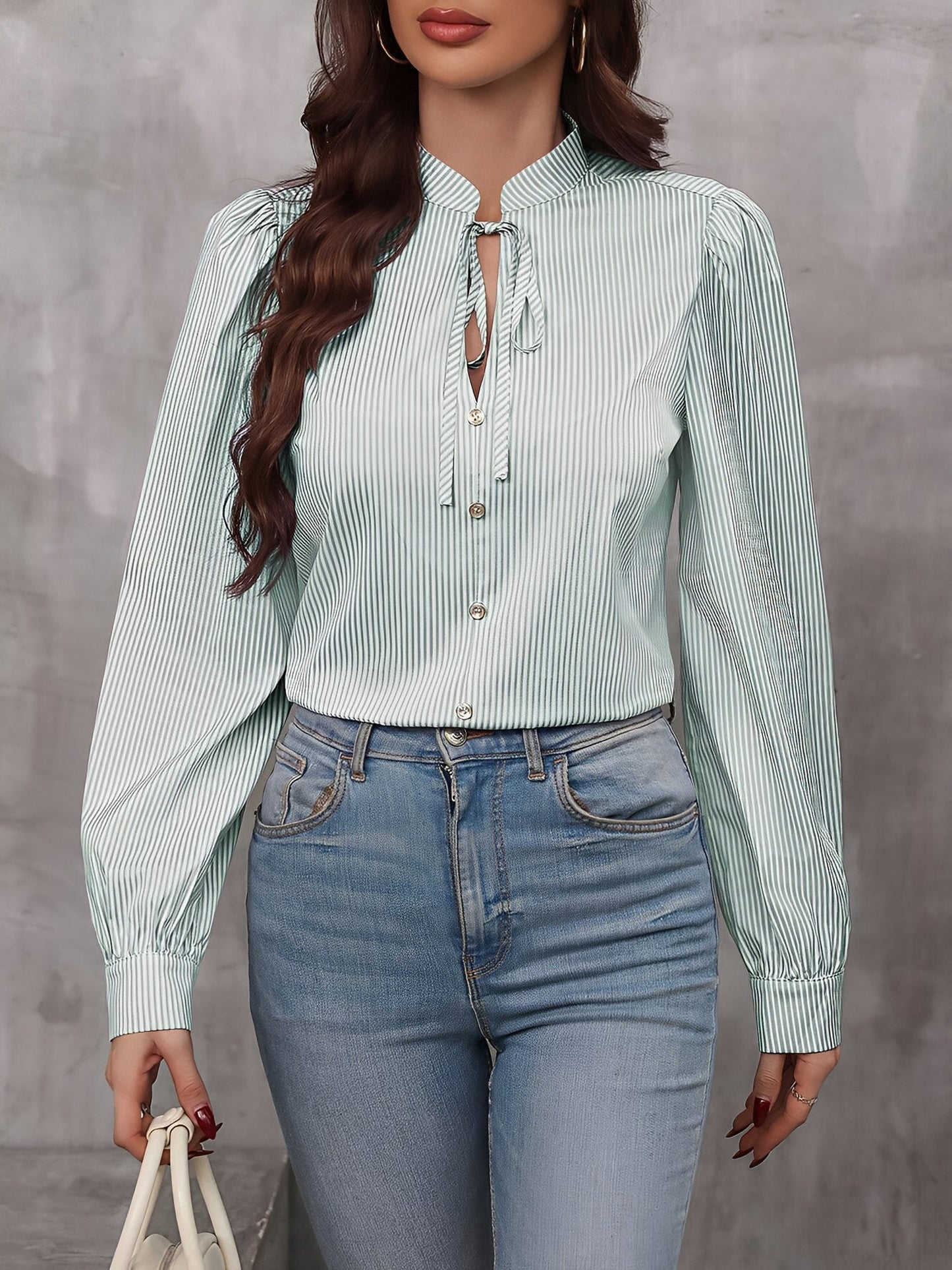 Striped Lace-Up Puff Long Sleeves Casual Blouse