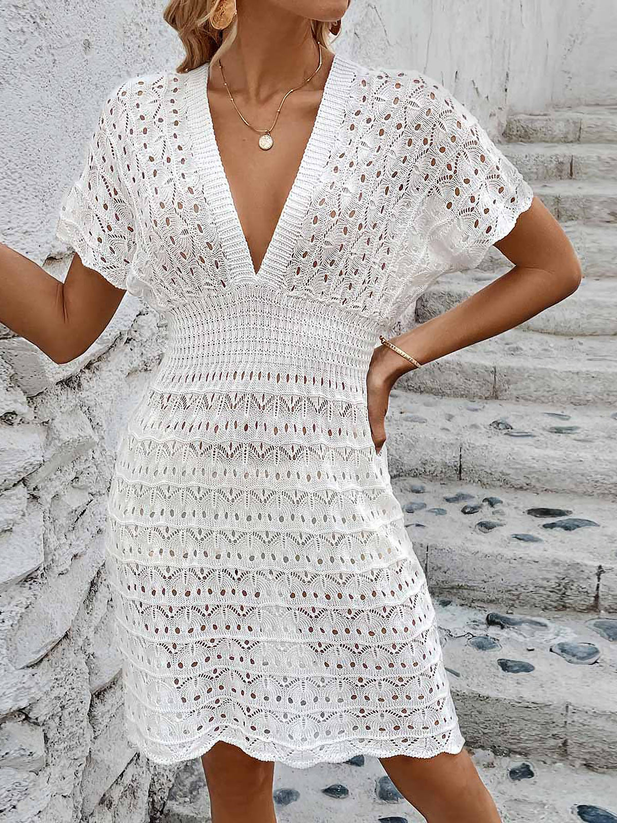 V Neck Eyelet Sheer Knitted Beach Dress Cover Ups