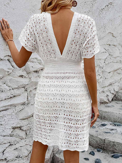 V Neck Eyelet Sheer Knitted Beach Dress Cover Ups
