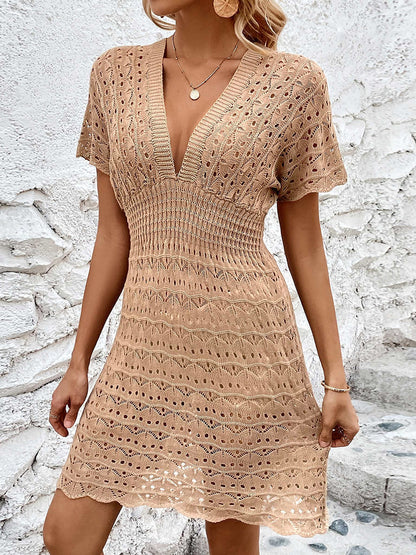 V Neck Eyelet Sheer Knitted Beach Dress Cover Ups