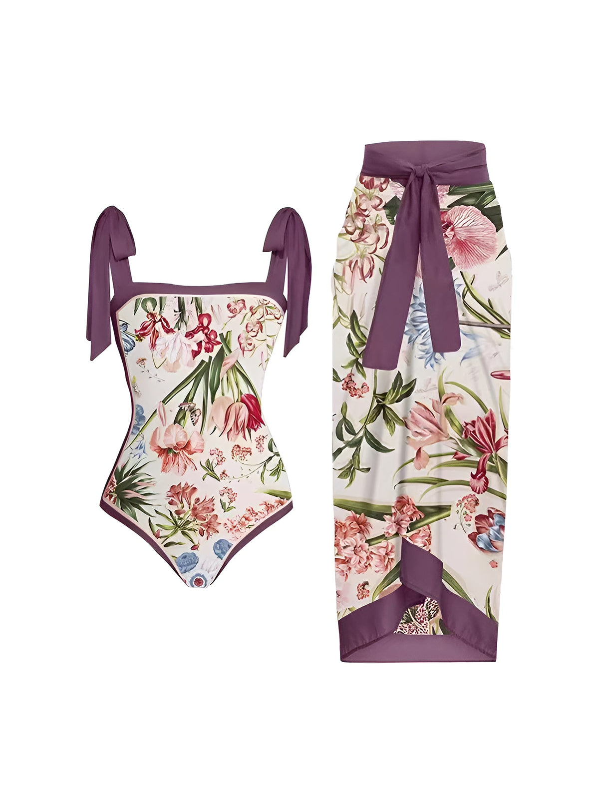 2 Pieces Printed Lace- Up Swimsuit & Wrap Maxi Skirt Cover Ups Set