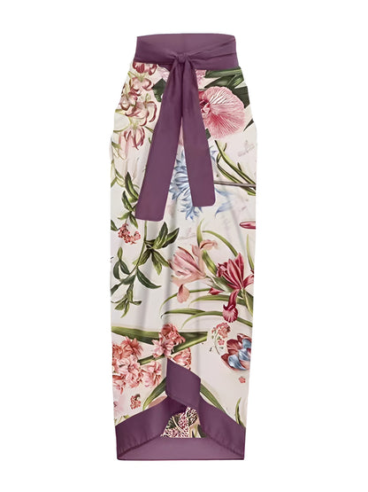 2 Pieces Printed Lace- Up Swimsuit & Wrap Maxi Skirt Cover Ups Set