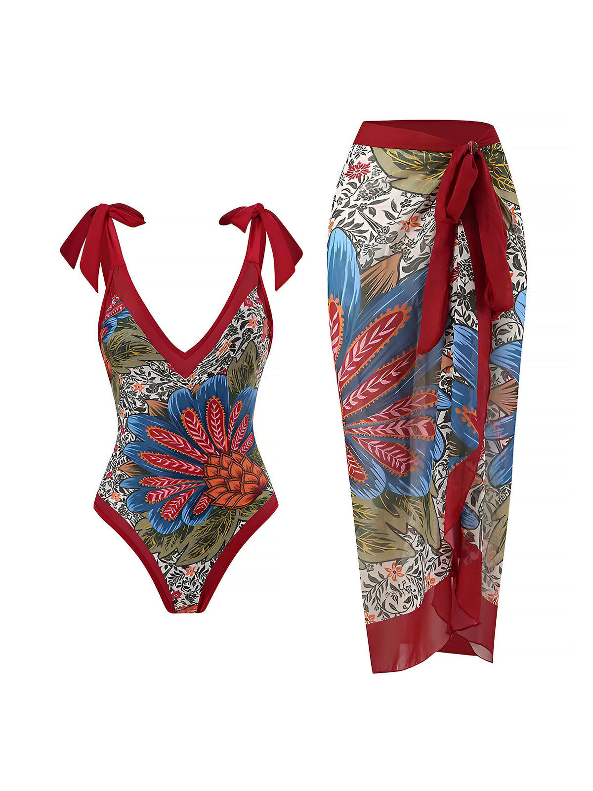 2 Pieces Printed Lace- Up Swimsuit & Wrap Maxi Skirt Cover Ups Set