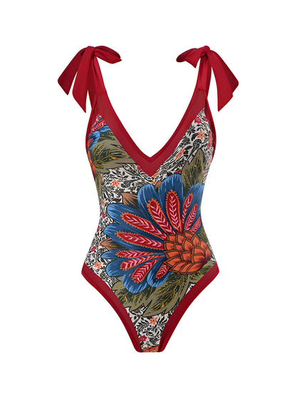 2 Pieces Printed Lace- Up Swimsuit & Wrap Maxi Skirt Cover Ups Set