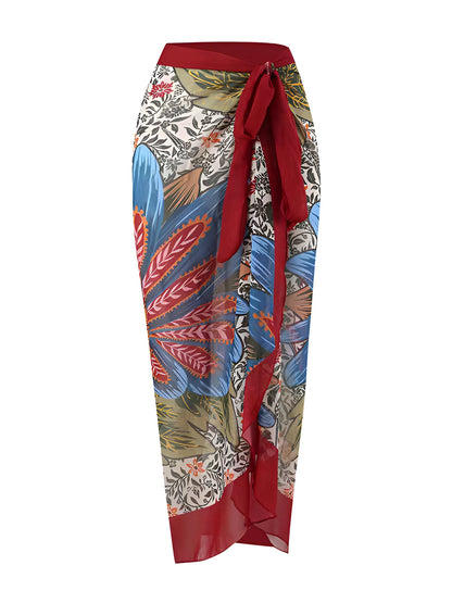 2 Pieces Printed Lace- Up Swimsuit & Wrap Maxi Skirt Cover Ups Set
