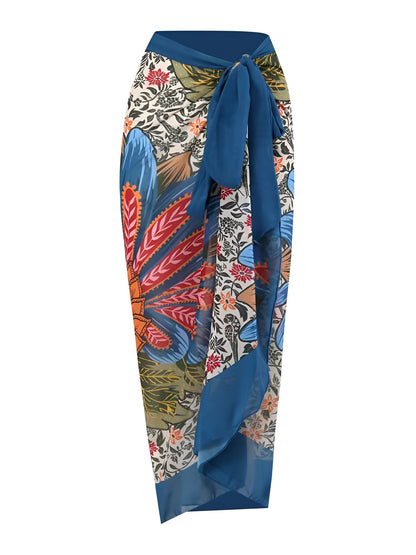2 Pieces Printed Lace- Up Swimsuit & Wrap Maxi Skirt Cover Ups Set