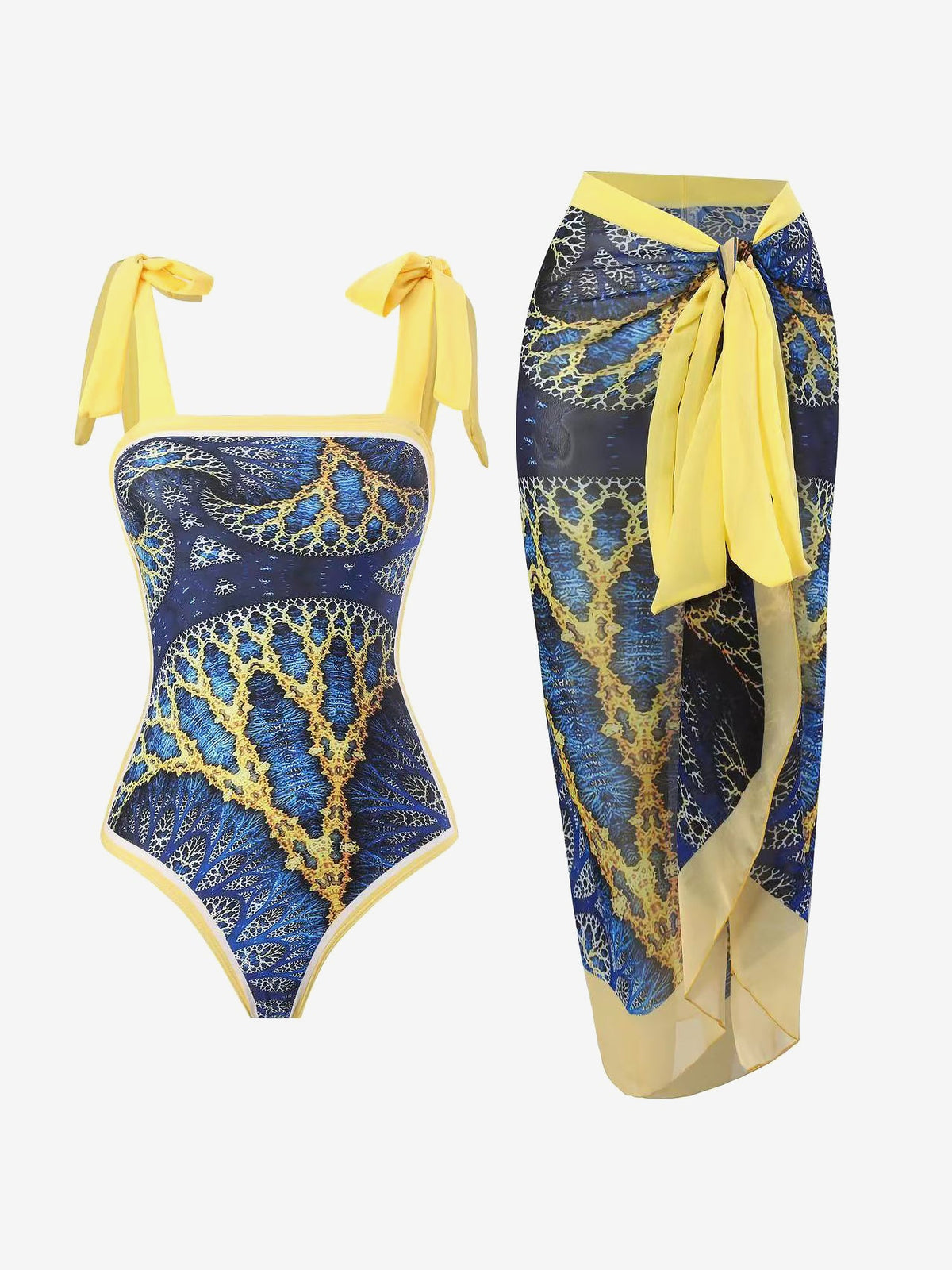 2 Pieces Printed Lace- Up Swimsuit & Wrap Maxi Skirt Cover Ups Set