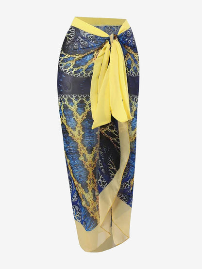 2 Pieces Printed Lace- Up Swimsuit & Wrap Maxi Skirt Cover Ups Set