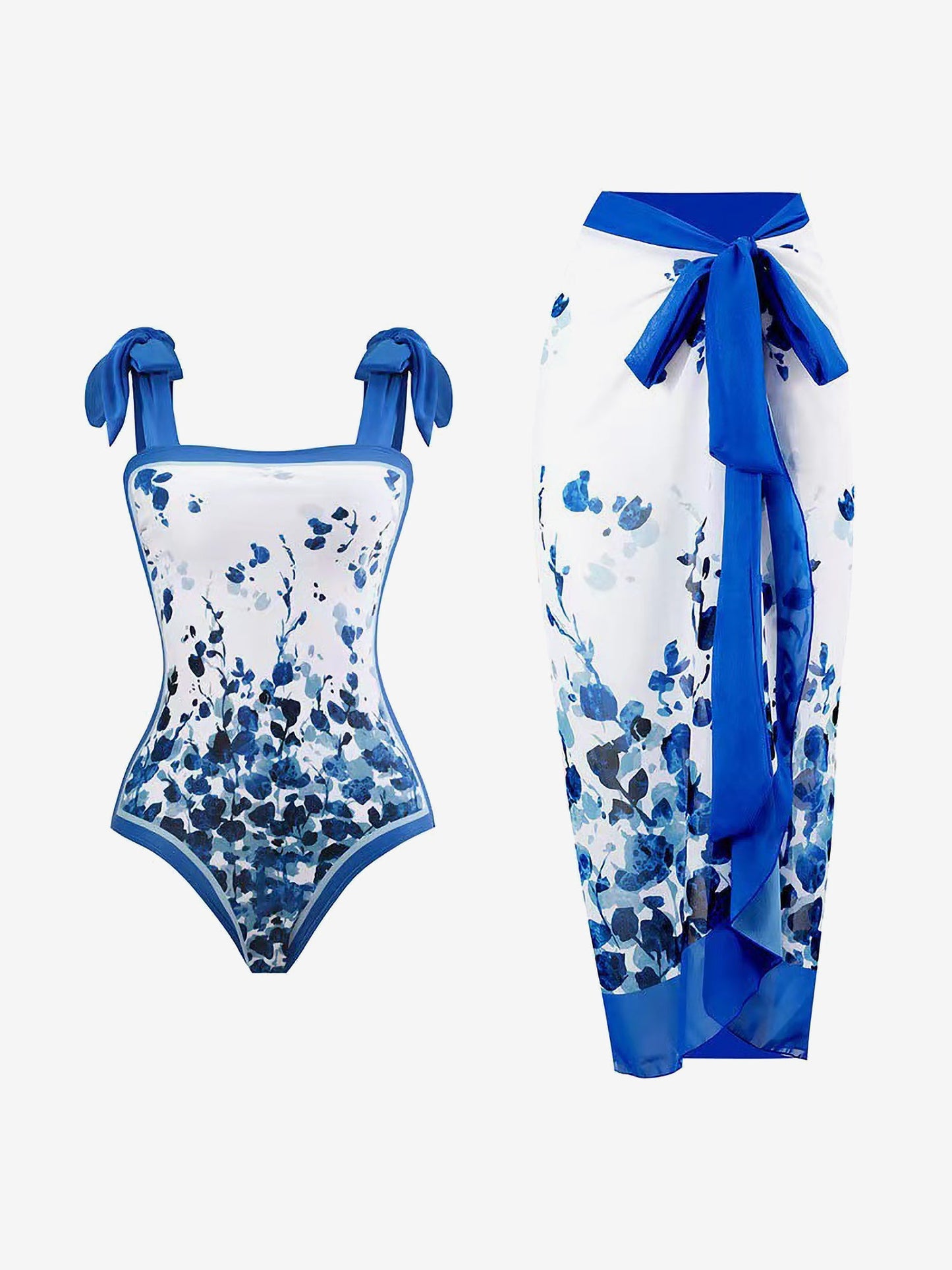 2 Pieces Printed Lace- Up Swimsuit & Wrap Maxi Skirt Cover Ups Set