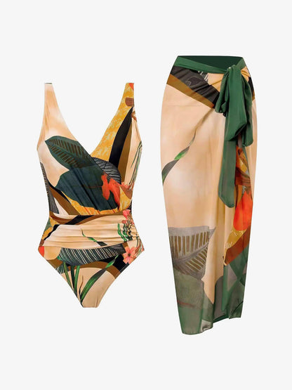 2 Pieces Printed Lace- Up Swimsuit & Wrap Maxi Skirt Cover Ups Set