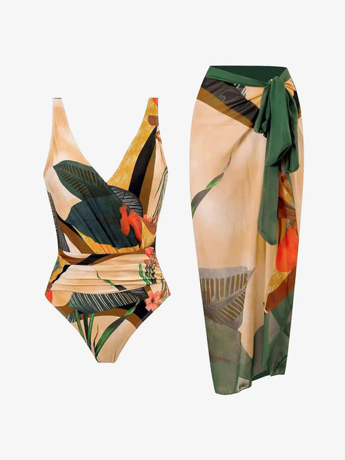 2 Pieces Printed Lace- Up Swimsuit & Wrap Maxi Skirt Cover Ups Set