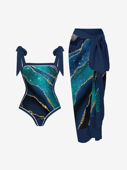 2 Pieces Printed Lace- Up Swimsuit & Wrap Maxi Skirt Cover Ups Set