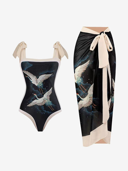 2 Pieces Printed Lace- Up Swimsuit & Wrap Maxi Skirt Cover Ups Set