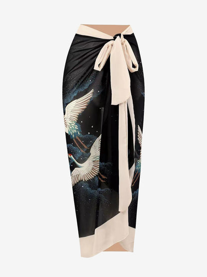 2 Pieces Printed Lace- Up Swimsuit & Wrap Maxi Skirt Cover Ups Set