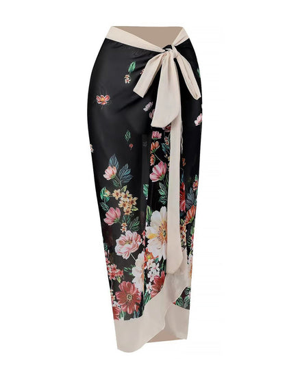 2 Pieces Printed Lace- Up Swimsuit & Wrap Maxi Skirt Cover Ups Set