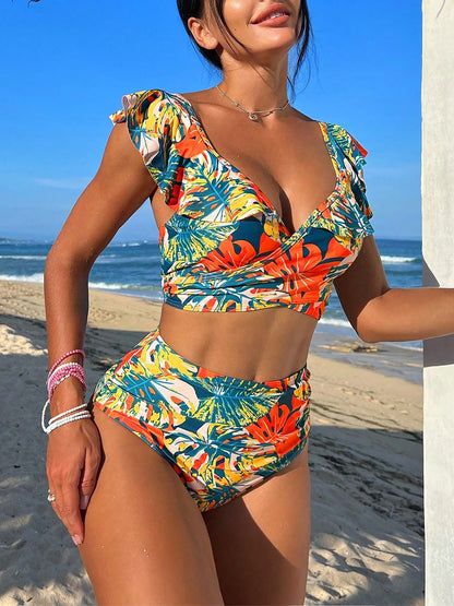 Ruffled Lace-Up Floral Bikini Swimsuits