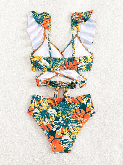 Ruffled Lace-Up Floral Bikini Swimsuits