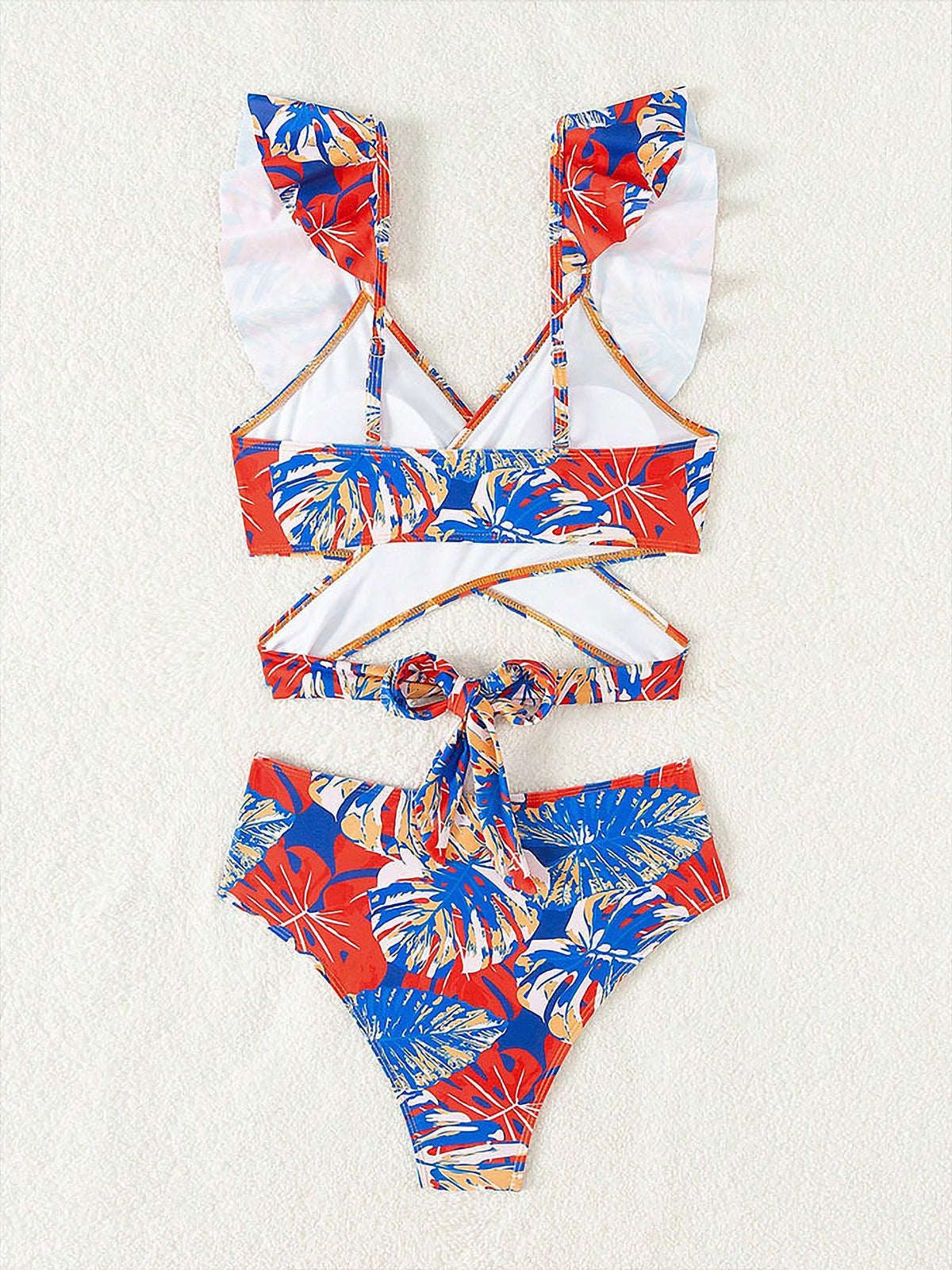Ruffled Lace-Up Floral Bikini Swimsuits