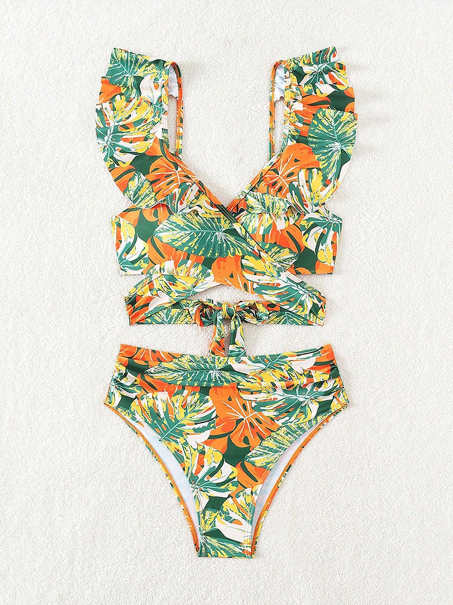 Ruffled Lace-Up Floral Bikini Swimsuits