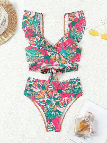Ruffled Lace-Up Floral Bikini Swimsuits